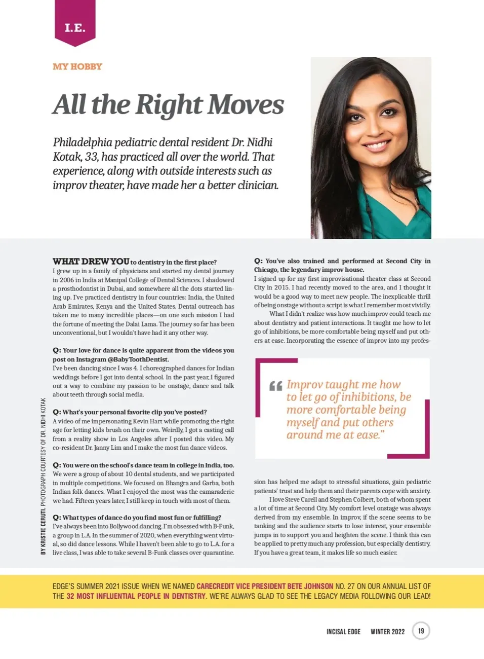 Dr. Nidhi Kotak's feature 'All the Right Moves' in Incisal Edge, Winter 2022